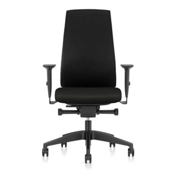 Interstuhl ergonomische bureaustoel met hoge rugleuning. Volledig zwart gestoffeerd. Met kunststof onderstel