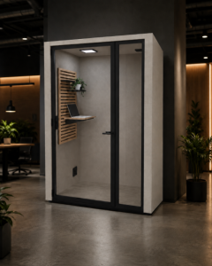 Moduplus hybride belcel +, akoestische belcel, beige, hout, modulair, hybride werken, akoestisch kantoor