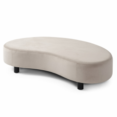 Nubi Hocker, beige half ronde bankje, zwarte houten pootjes, verlourse stoffering, stijlvolle ontvangstruimte, 
