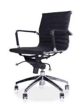 Design bureaustoel met zwarte bekleding en verchroomd aluminium voetkruis. Vergaderstoel en directie