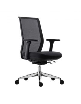 Zwarte bureaustoel met mesh rugleuning en gestoffeerde zitting. Met kunststof armleggers en aluminium gepolijst onderstel