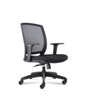 Zwarte bureaustoel met rugleuning in mesh en gestoffeerde zitting. Met kunststof onderstel