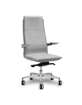 Luxe design bureaustoel met grijze bekleding en aluminium gepolijst onderstel. Met hoge rug