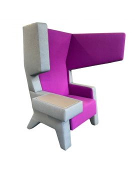 EarChair Prooff, akoestisch meubilair, ontvangstmeubilair, fauteuil, tweedehands, grijze stoel, paars