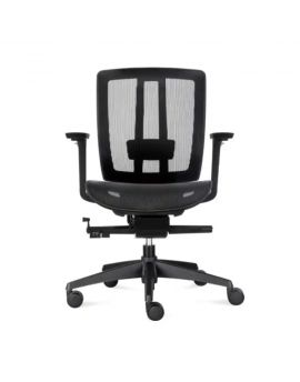 Ergonomische bureaustoel met zwarte netweave rug en zitting. Met kunststof details