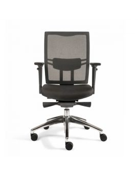 Ergonomische bureaustoel met EN-normering. Zwarte mesh rugleuning en gestoffeerde zitting. Met aluminium gepolijst onderstel