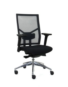 Zwarte netweave bureaustoel van Adam Cradle met ergonomische normering EN1335, aluminium onderstel, perfect in een moderne kantoorinrichting 