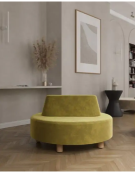 Nubi fauteuil rond, beige poef met rugleuning, zwarte houten pootjes, zachte stof
