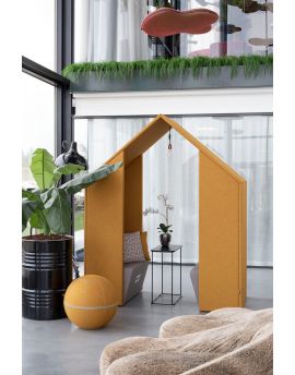 Open Hut, gezellig huisje, akoestisch huisje, werkplek, kantoor, vergaderen, akoestiek, geel