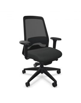 Interstuhl ergonomische bureaustoel met mesh rugleuning en zwart gestoffeerde zitting. Met kunststof details