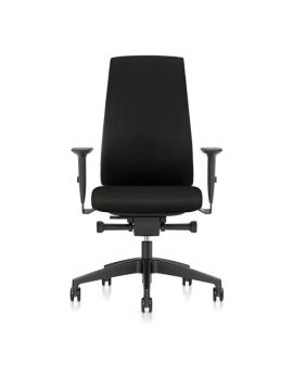 Interstuhl ergonomische bureaustoel met hoge rugleuning. Volledig zwart gestoffeerd. Met kunststof onderstel