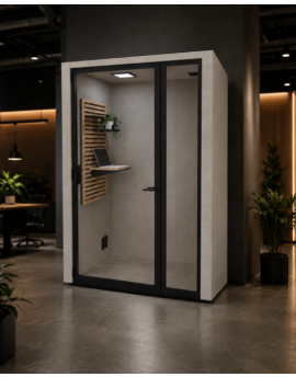 Moduplus hybride belcel +, akoestische belcel, beige, hout, modulair, hybride werken, akoestisch kantoor