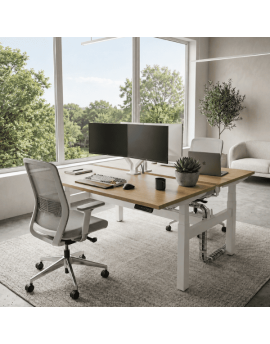 Noa Next Duo, elektrisch verstelbaar duo zit sta bureau met wit frame, halifax eiken bladen. Met memorydisplat en moderne uitstraling