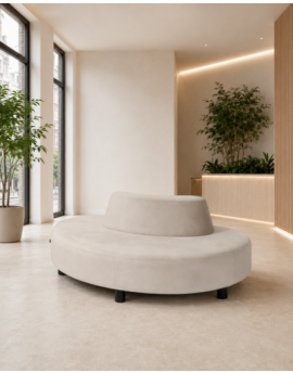 Nubi Out rond bankje, beige verlours stof, elegante vorm voor een stijlvolle kantoorinrichting, zwarte houten pootjes