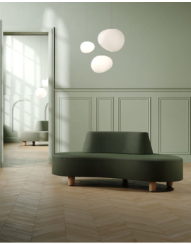 Nubi Out rond bankje, stijlvol, met rugleuning, beige verlours stof, zwart houten pootje