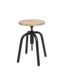 Spin lage kruk, zwart metalen frame, houten zitvlak, in hoogte verstelbaar, industriële uitstraling, moderne kruk