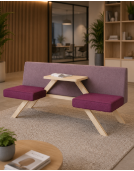 Tooapicnic akoestische bank met roze stoffering in moderne kantooromgeving
