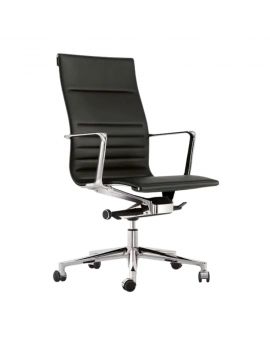 Ergonomische bureaustoel met zwart leren bekleding en aluminium gepolijste details