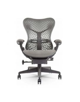 Herman Miller Mirra bureaustoel, grijze bureaustoel, ergonomische bureaustoel, bureaustoel met wielen, design bureaustoel, kunststof rug