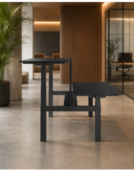 Zit sta duo bureau met zwarte bladen en frame in moderne kantoorinrichting